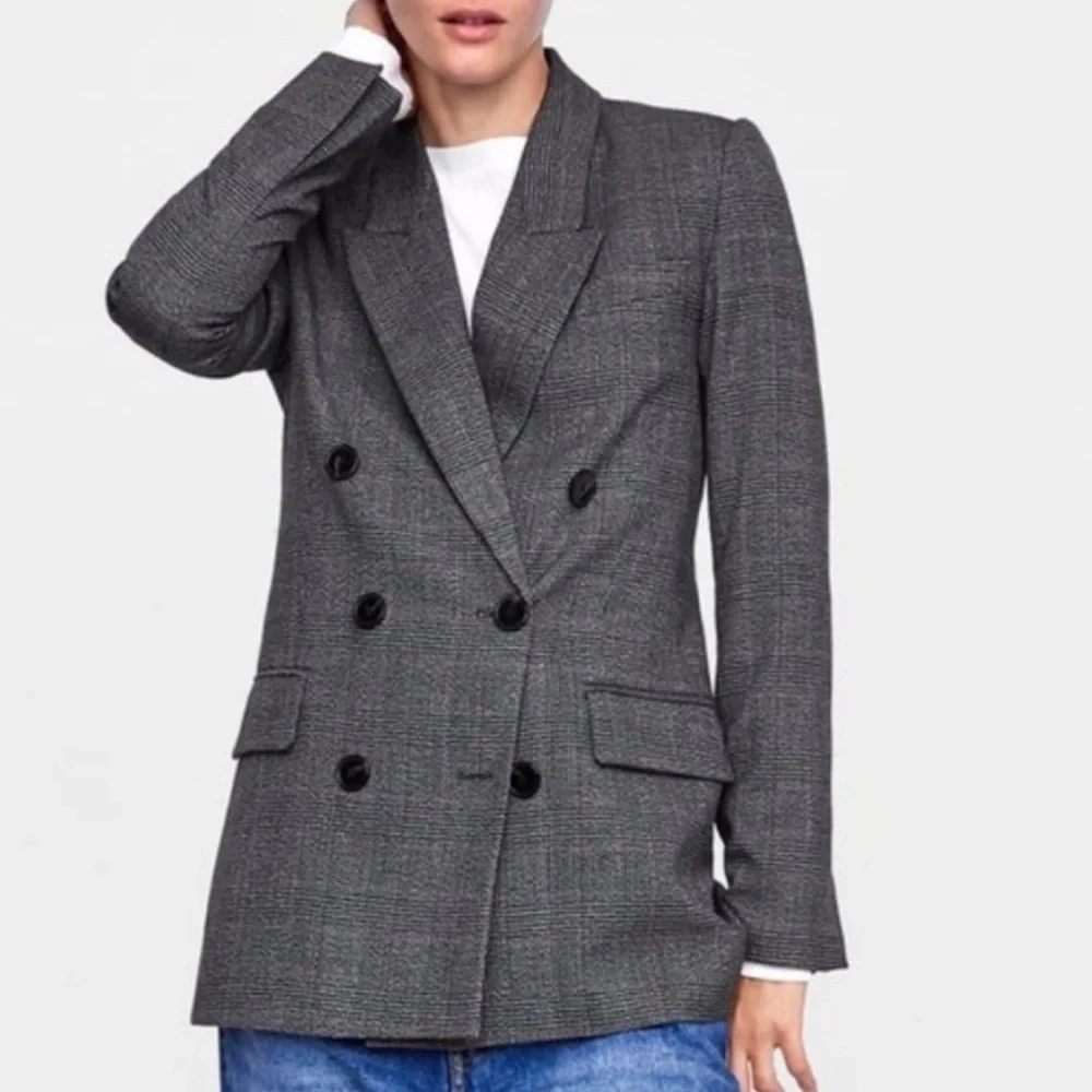 ZARA Black Plaid Double Breasted Blazer Medium - Picture 1 of 16
